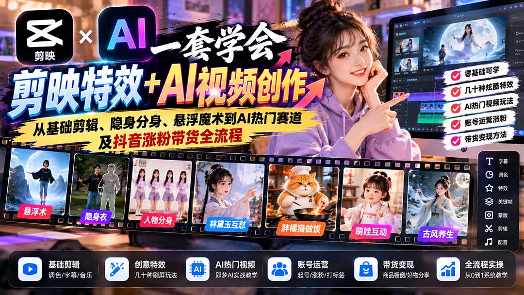 一套学会剪映特效+AI视频创作：从基础剪辑、隐身分身、悬浮魔术到AI热门赛道及抖音涨粉带货全流程-HEIXMI（中国站）