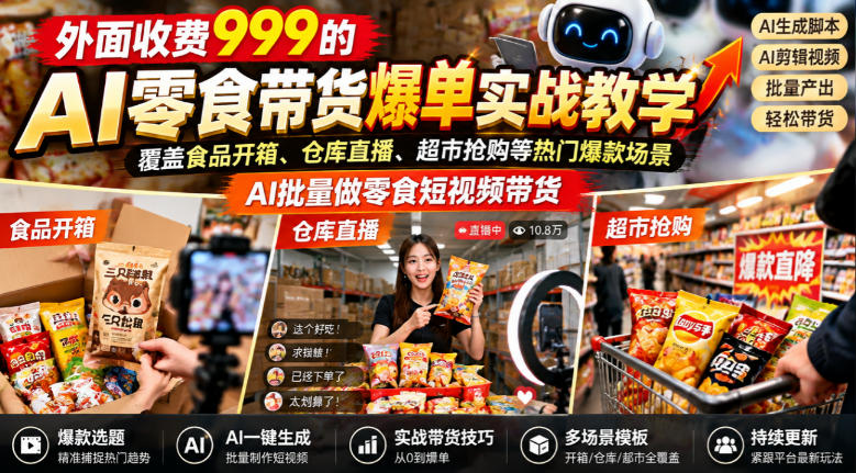 外面收费999的AI零食带货爆单实战教学，覆盖食品开箱、仓库直播、超市抢购等热门爆款场景，AI批量做零食短视频带货-HEIXMI（中国站）