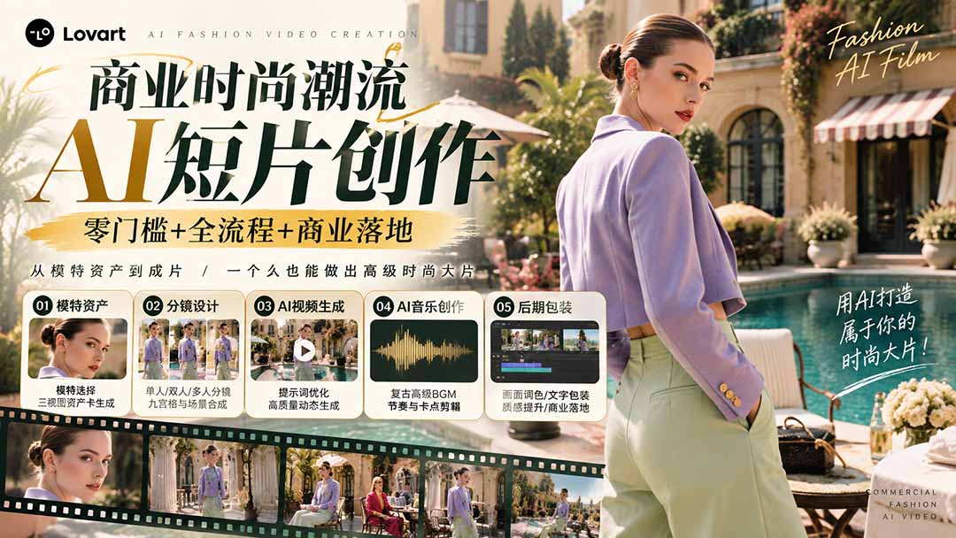 从一张模特图到高级时尚广告大片：AI三视图资产、场景合成、电影分镜、动态生成与复古音乐剪辑实战课-HEIXMI（中国站）