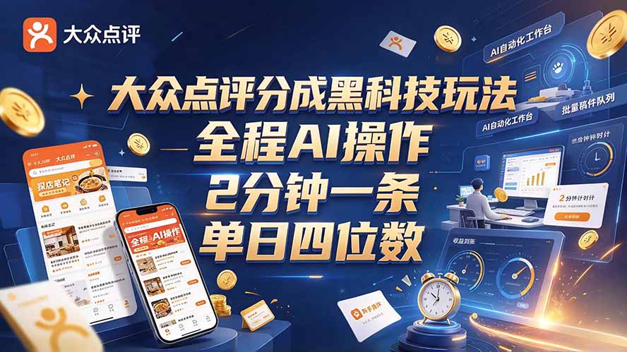 大众点评分成全网独家玩法，AI 全自动出内容，2 分钟一条，小白可冲单日四位数-HEIXMI（中国站）