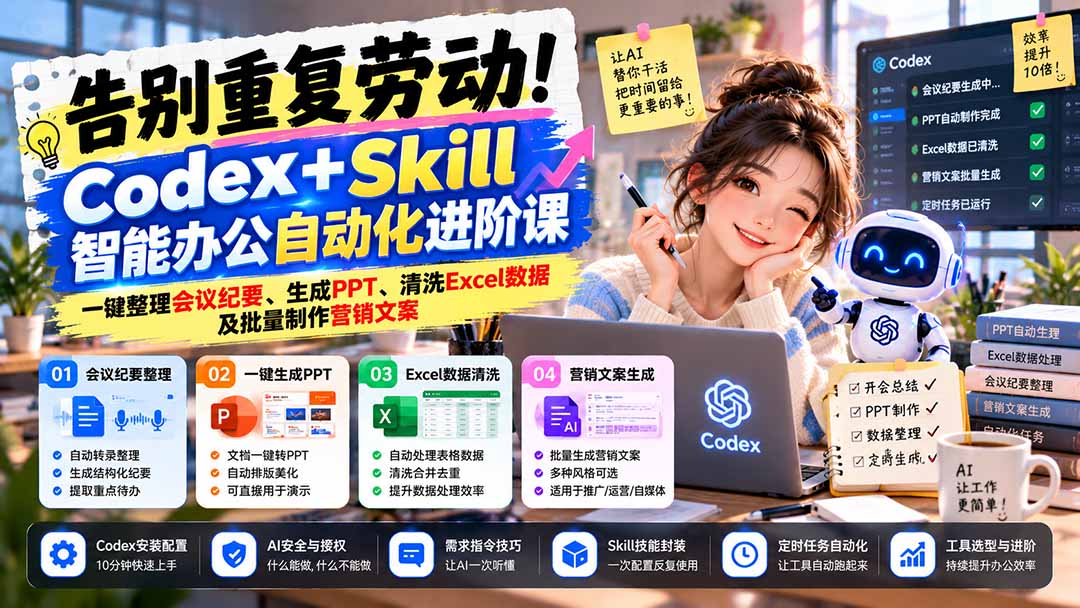 告别重复劳动！Codex+Skill智能办公自动化进阶课：一键整理会议纪要、生成PPT、清洗Excel数据及批量制作营销文案-HEIXMI（中国站）