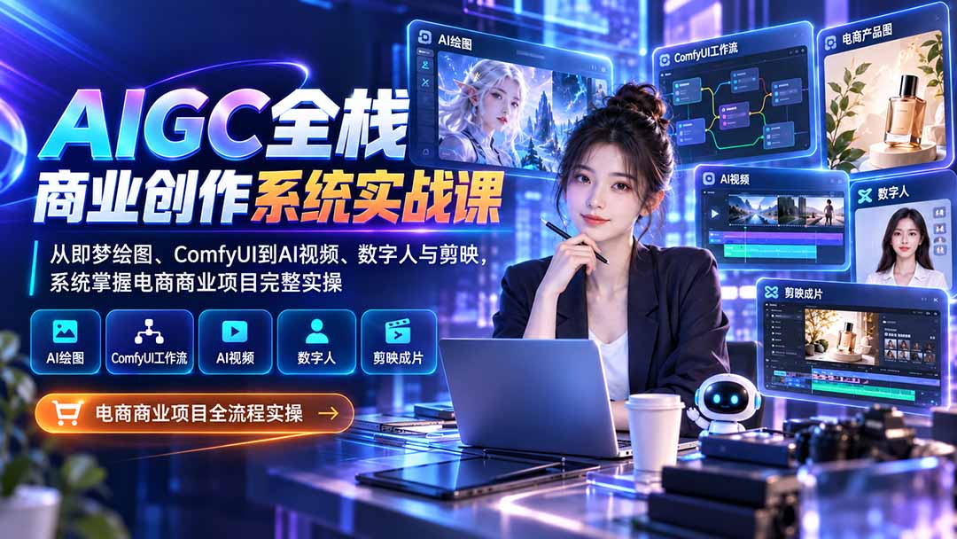 AIGC全栈商业创作系统实战课-更新1017：从即梦绘图、ComfyUI到AI视频、数字人与剪映，系统掌握电商商业项目完整实操-HEIXMI（中国站）