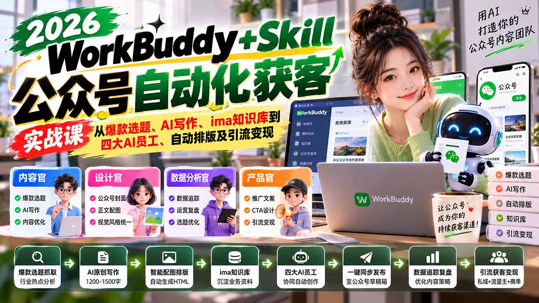 WorkBuddy + Skill公众号自动化获客实战课：从爆款选题、AI写作、ima知识库到四大AI员工、自动排版及引流变现-HEIXMI（中国站）