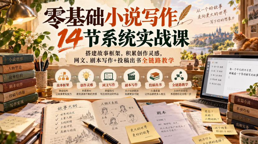 零基础小说写作14节系统实战课，搭建故事框架，积累创作灵感，网文、剧本写作+投稿出书全链路教学-HEIXMI（中国站）