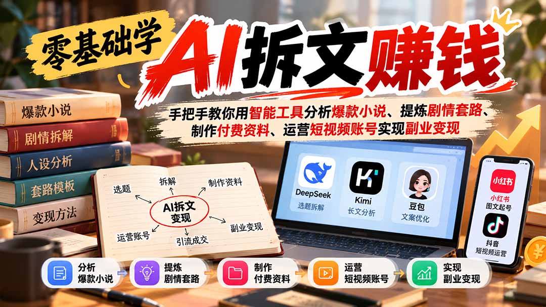 零基础学AI拆文赚钱：手把手教你用智能工具分析爆款小说、提炼剧情套路、制作付费资料、运营短视频账号实现副业变现-HEIXMI（中国站）