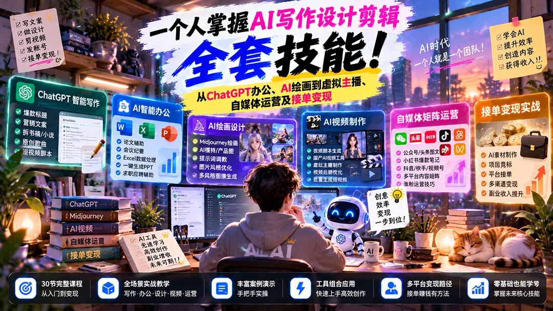 一个人掌握AI写作设计剪辑全套技能：从ChatGPT办公、AI绘画到虚拟主播、自媒体运营及接单变现-HEIXMI（中国站）