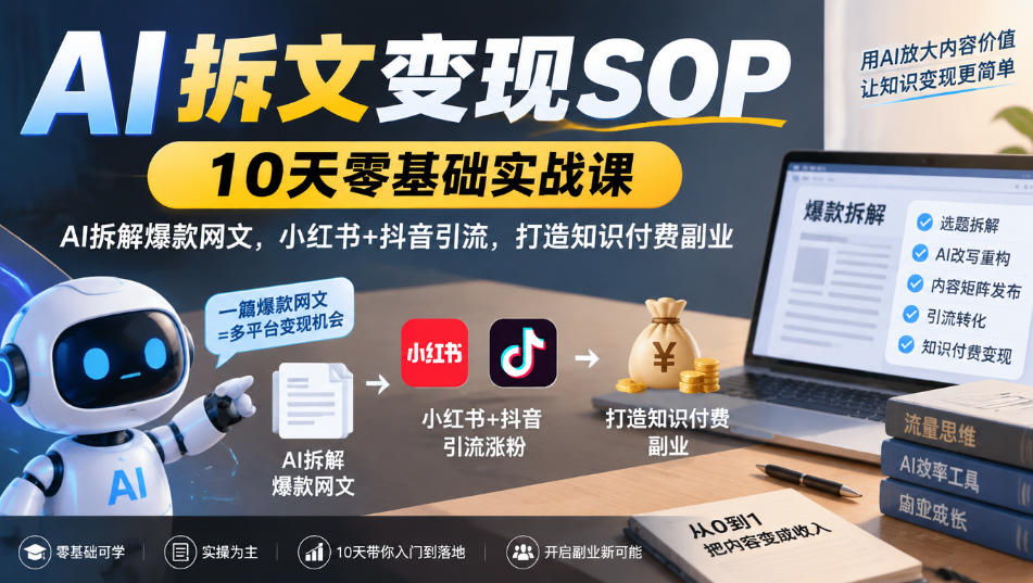 AI拆文变现SOP｜10天零基础实战课，AI拆解爆款网文，小红书+抖音引流，打造知识付费副业-HEIXMI（中国站）