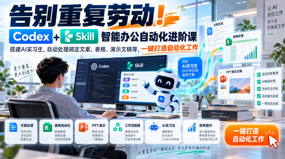 告别重复劳动！Codex+Skill智能办公自动化进阶课｜搭建AI实习生，自动处理搞定文案、表格、演示文稿等，一键打造自动化工作-HEIXMI（中国站）