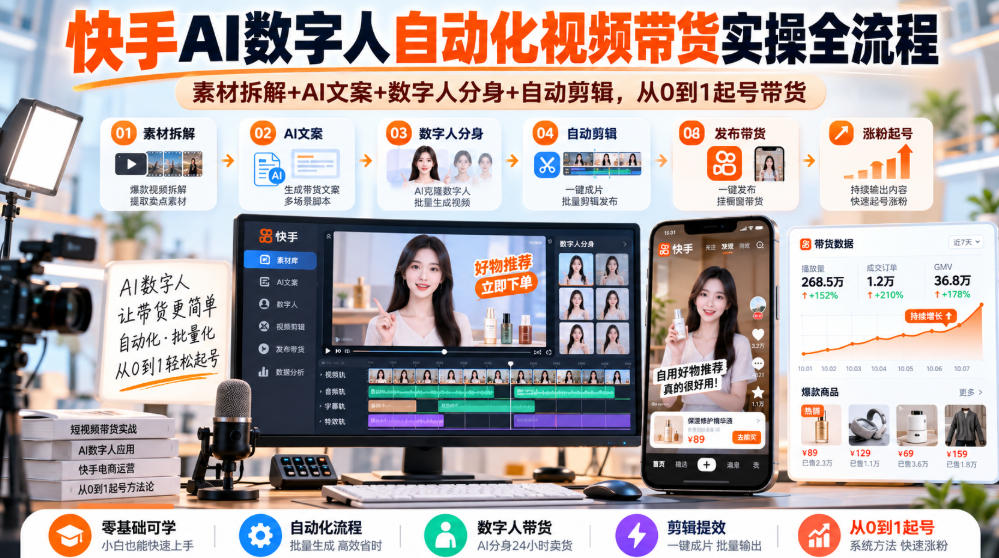 快手AI数字人自动化视频带货实操全流程｜素材拆解+AI文案+数字人分身+自动剪辑，从0到1起号带货(更新26年)-HEIXMI（中国站）
