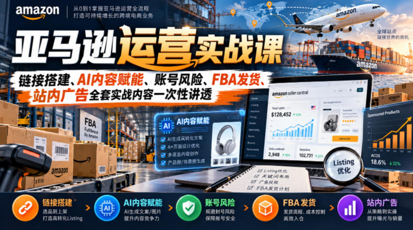 亚马逊运营实战课，链接搭建、AI内容赋能、账号风险、FBA发货、站内广告全套实战内容一次性讲透-HEIXMI（中国站）