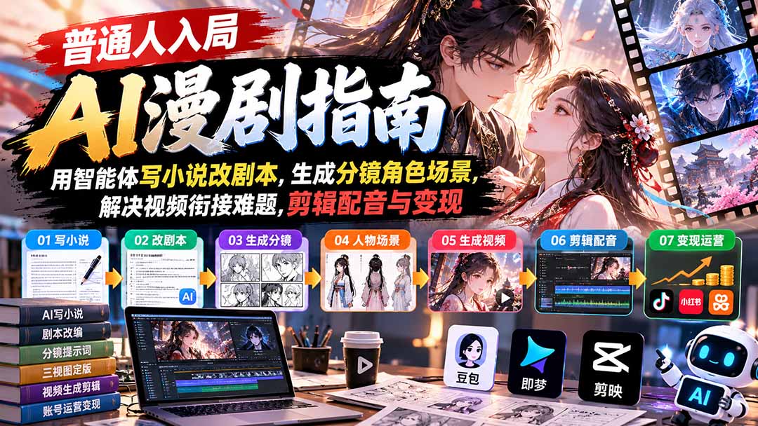 【无水印】普通人入局AI漫剧指南：用智能体写小说改剧本，生成分镜角色场景，解决视频衔接难题，剪辑配音与变现-HEIXMI（中国站）