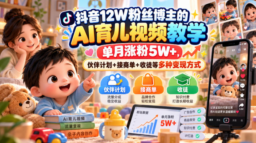 抖音12W粉丝博主的AI育儿视频教学，单月涨粉5W+，伙伴计划+接商单+收徒等多种变现方式-HEIXMI（中国站）