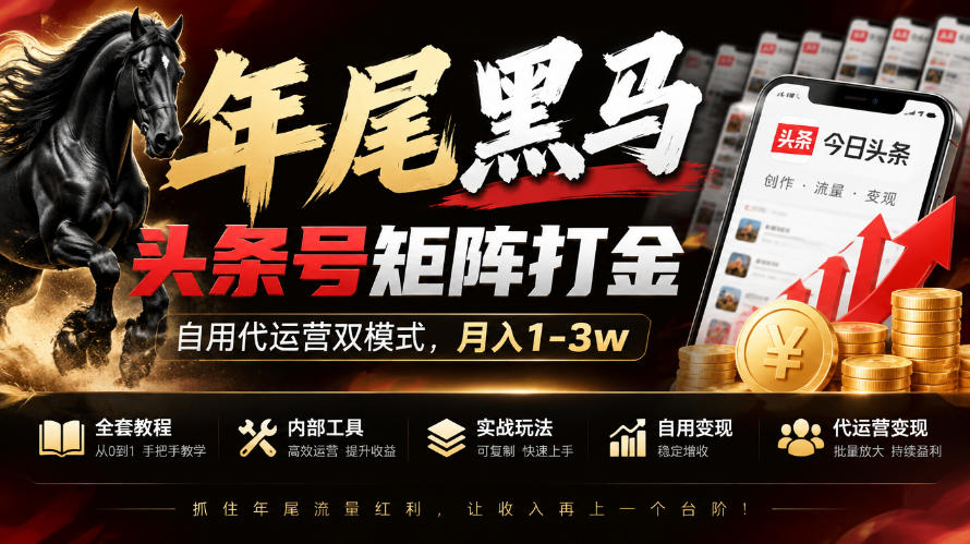 【年尾黑马】头条号矩阵打金，自用代运营双模式，月入1-3w，附全套教程及内部工具【揭秘】-HEIXMI（中国站）