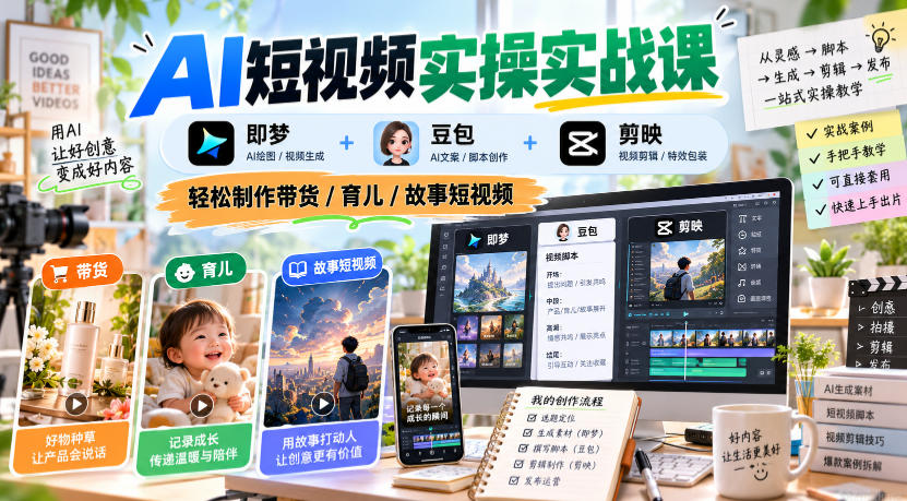 AI短视频实操实战课，即梦+豆包+剪映，轻松制作带货/育儿/故事短视频-HEIXMI（中国站）