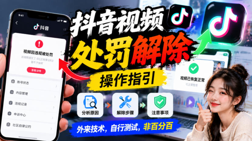 抖音视频处罚解除操作指引，外来技术，自行测试，非百分百-HEIXMI（中国站）