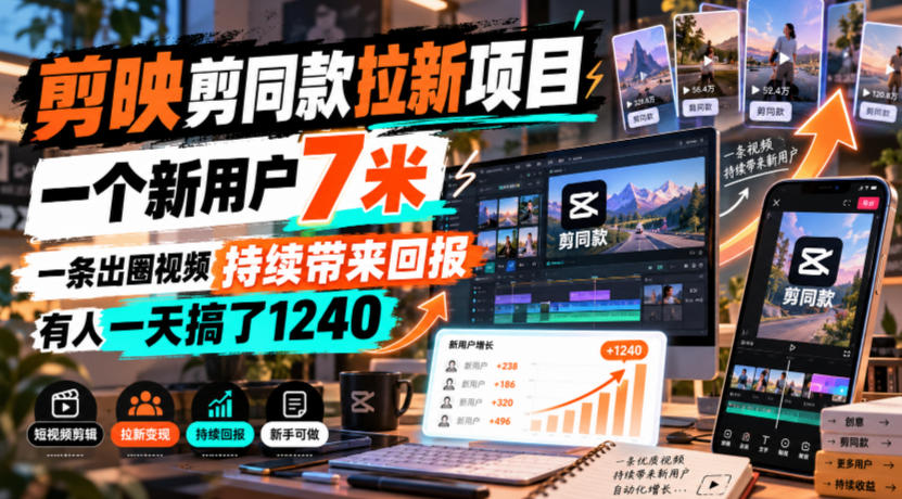 剪映剪同款拉新项目，一个新用户7米，一条出圈视频持续带来回报，有人一天搞了1240-HEIXMI（中国站）