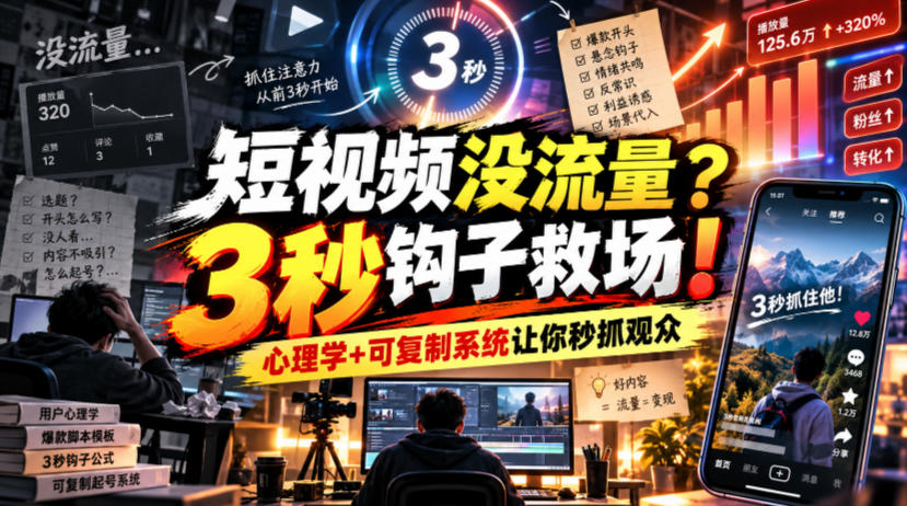 【无水印】短视频没流量？3秒钩子救场！心理学+可复制系统让你秒抓观众【原创双语字幕】-HEIXMI（中国站）