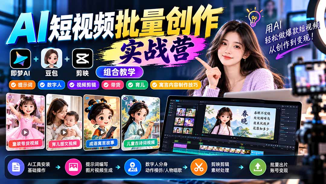 【无水印】AI短视频批量创作实战营：即梦+豆包+剪映组合教学，提示词/数字人/视频剪辑/带货/育儿/寓言内容制作技巧-HEIXMI（中国站）