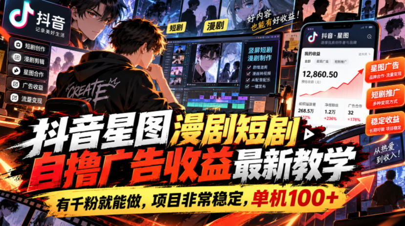 抖音星图漫剧短剧自撸广告收益最新教学，有千粉就能做，项目非常稳定，单机100+-HEIXMI（中国站）