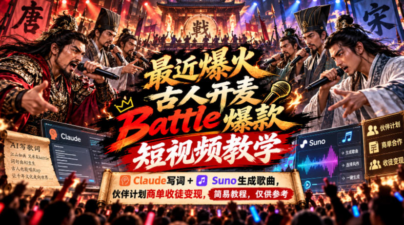 最近爆火古人开麦Battle爆款短视频教学，Claude写词+Suno生成歌曲，伙伴计划商单收徒变现，简易教程，仅供参考-HEIXMI（中国站）