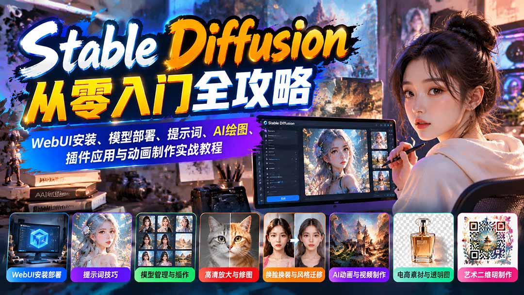 Stable Diffusion从零入门全攻略：WebUI安装、模型部署、提示词、AI绘图、插件应用与动画制作实战教程-HEIXMI（中国站）