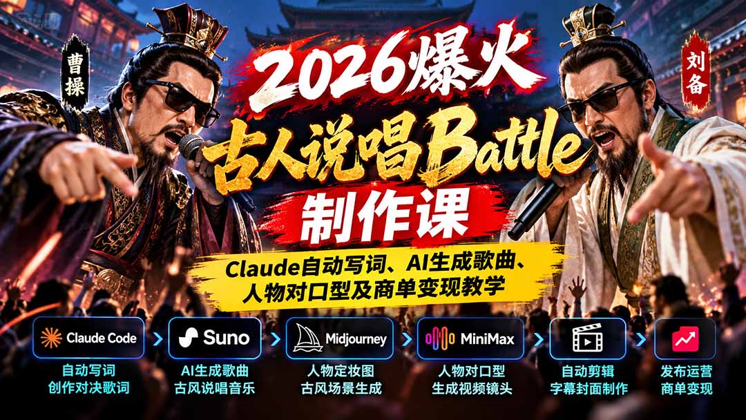 2026爆火古人说唱Battle制作课：Claude自动写词、AI生成歌曲、人物对口型及商单变现教学-HEIXMI（中国站）