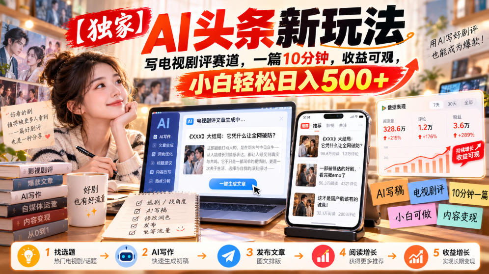 【独家】AI头条新玩法，写电视剧评赛道，一篇10分钟，收益可观，小白轻松日入500+-HEIXMI（中国站）