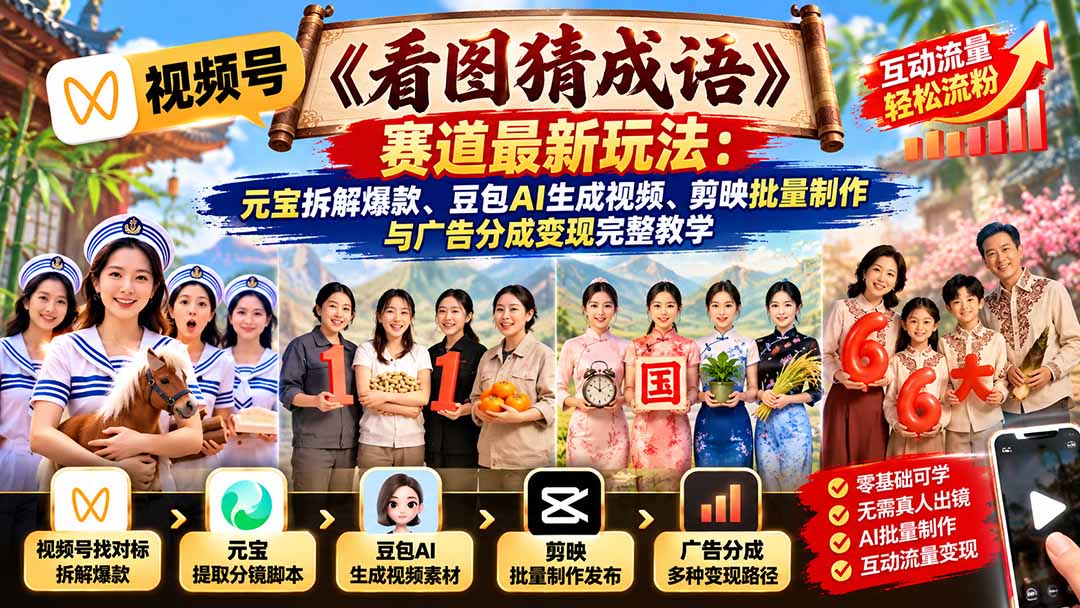 视频号《看图猜成语》赛道最新玩法：元宝拆解爆款、豆包AI生成视频、剪映批量制作与广告分成变现完整教学-HEIXMI（中国站）