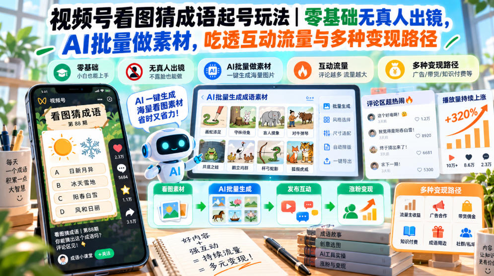 视频号看图猜成语起号玩法｜零基础无真人出镜，AI批量做素材，吃透互动流量与多种变现路径-HEIXMI（中国站）