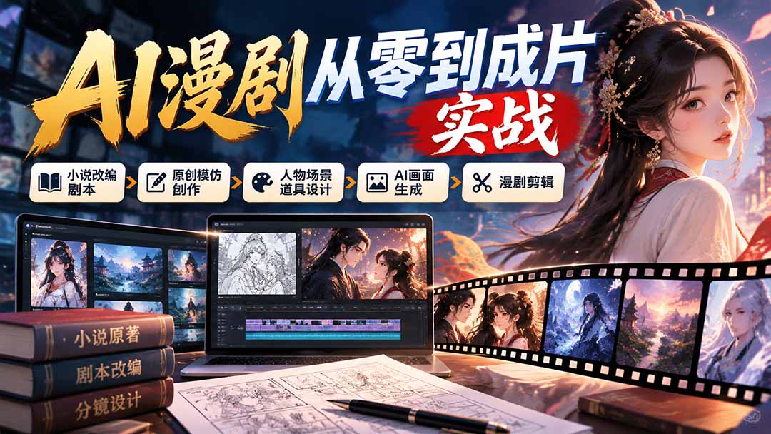 AI漫剧从零到成片实战：小说改编剧本、原创模仿创作、人物场景道具设计、AI画面生成与漫剧剪辑-HEIXMI（中国站）