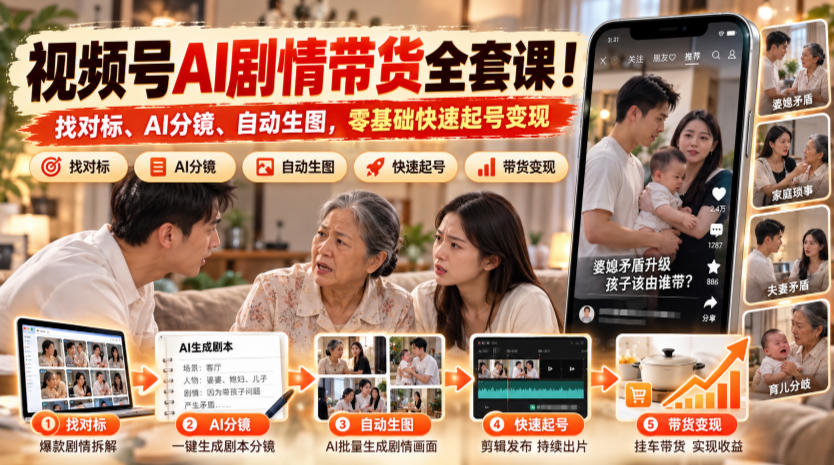 视频号AI剧情带货全套课!找对标、AI分镜、自动生图,零基础快速起号变现
