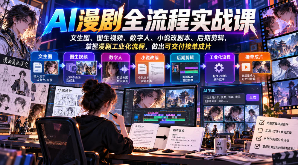 AI漫剧全流程实战课，文生图、图生视频、数字人、小说改剧本、后期剪辑，掌握漫剧工业化流程，做出可交付接单成片-HEIXMI（中国站）