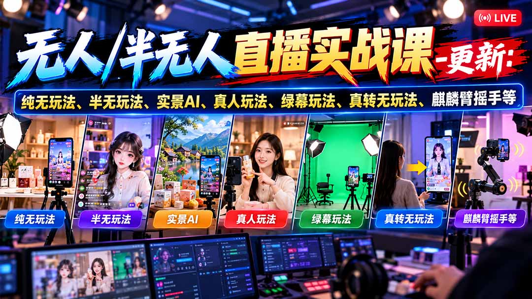 无人/半无人直播实战课-10月20更新：纯无玩法、半无玩法、实景AI、真人玩法、绿幕玩法、真转无玩法、麒麟臂摇手等-HEIXMI（中国站）