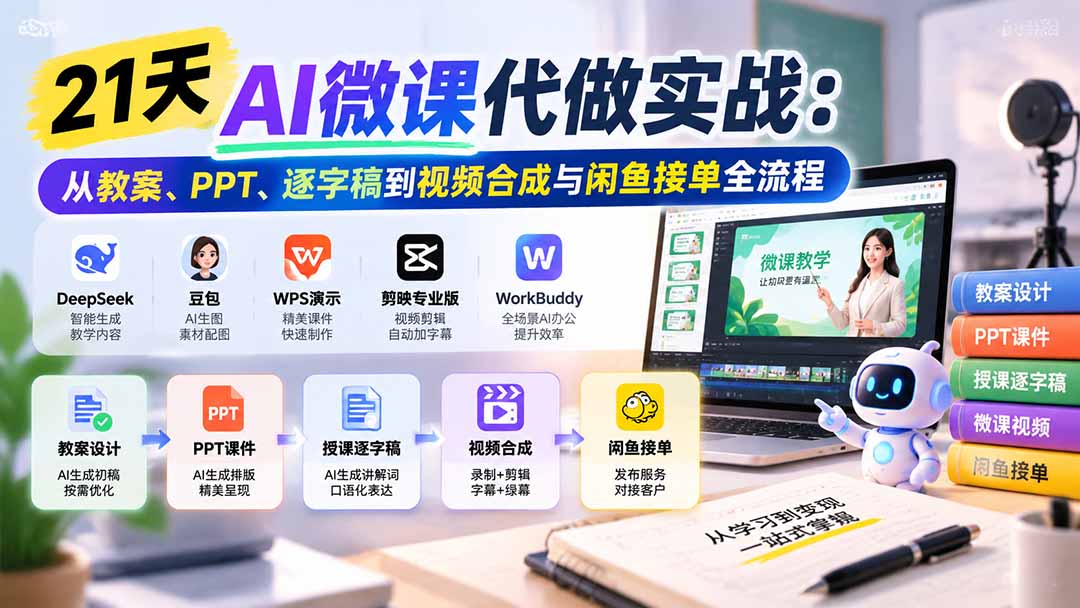 21天AI微课代做实战：从教案、PPT、逐字稿到视频合成与闲鱼接单全流程-HEIXMI（中国站）