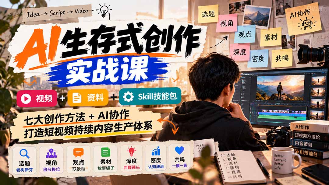 AI生存式创作实战课：视频+资料+Skill技能包，七大创作方法+AI协作，打造短视频持续内容生产体系-HEIXMI（中国站）