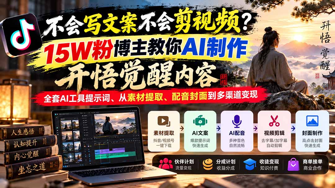 不会写文案不会剪视频？15W粉博主教你AI制作开悟觉醒内容，全套AI工具提示词、从素材提取、配音封面到多渠道变现-HEIXMI（中国站）