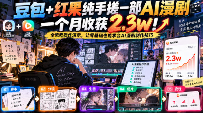 豆包+红果纯手搓一部AI漫剧一个月收获2.3w！全流程操作演示，让零基础也能学会AI漫剧制作技巧-HEIXMI（中国站）