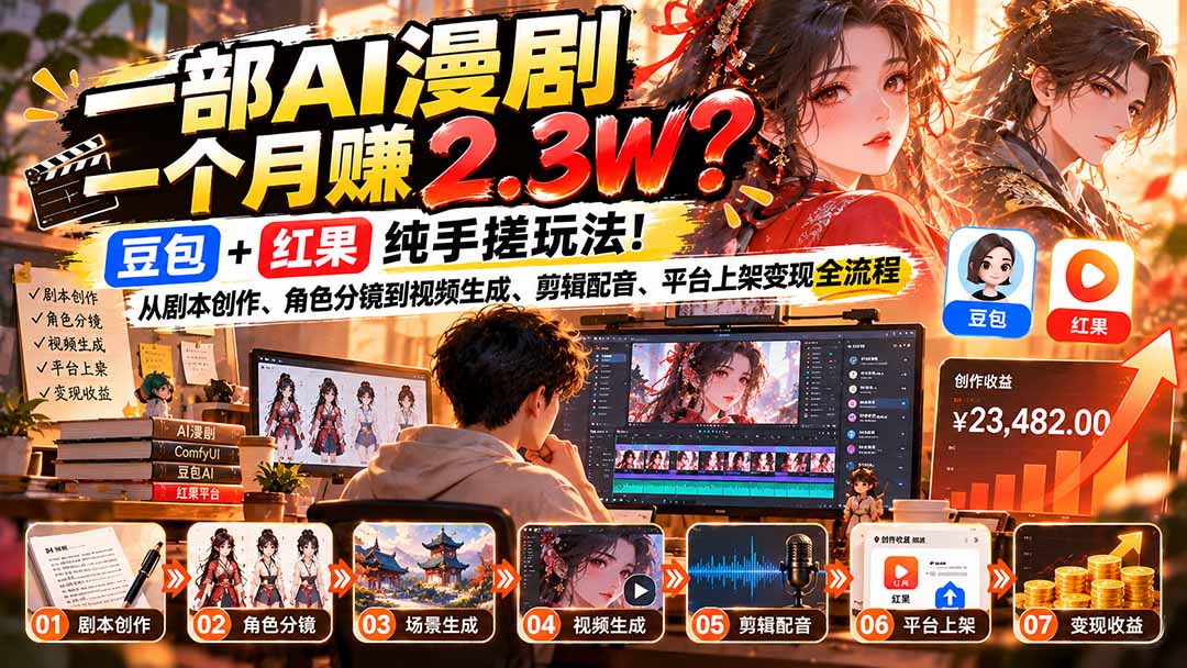 一部AI漫剧一个月赚2.3W？豆包+红果纯手搓玩法！从剧本创作、角色分镜到视频生成、剪辑配音、平台上架变现全流程-HEIXMI（中国站）