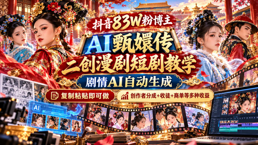 抖音83W粉博主AI甄嬛传二创漫剧短剧教学｜剧情AI自动生成，复制粘贴即可做，各大平台创作者分成+收徒等多种收益-HEIXMI（中国站）