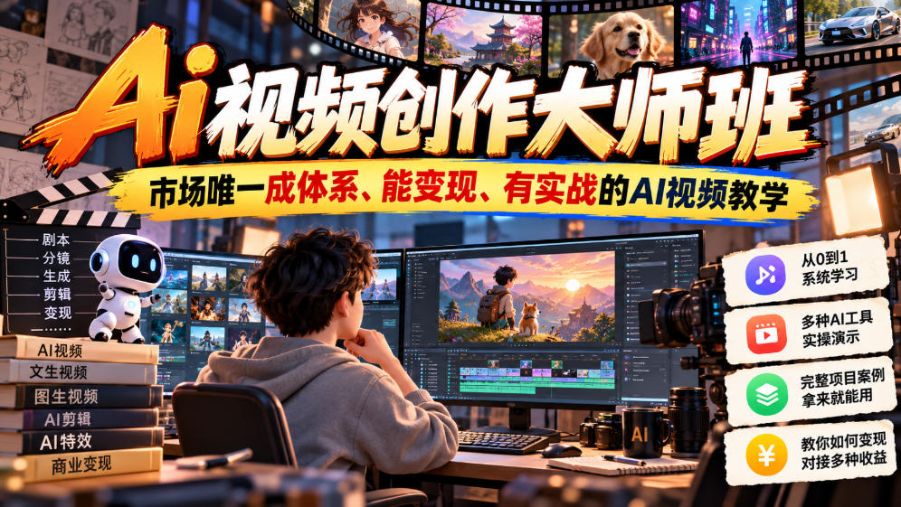 Ai视频创作大师班，市场唯一成体系、能变现、有实战的AI视频教学(更新2026)-HEIXMI（中国站）