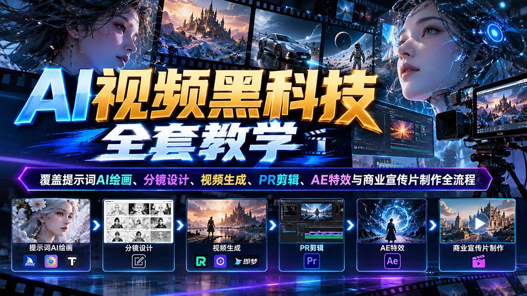 AI视频黑科技全套教学：覆盖提示词AI绘画、分镜设计、视频生成、PR剪辑、AE特效与商业宣传片制作全流程-HEIXMI（中国站）