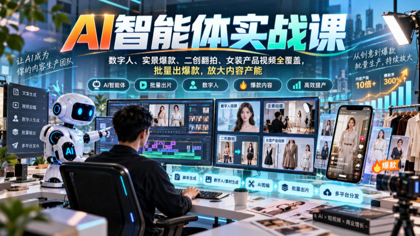 AI智能体实战课，数字人、实景爆款、二创翻拍、女装产品视频全覆盖，批量出爆款，放大内容产能-HEIXMI（中国站）