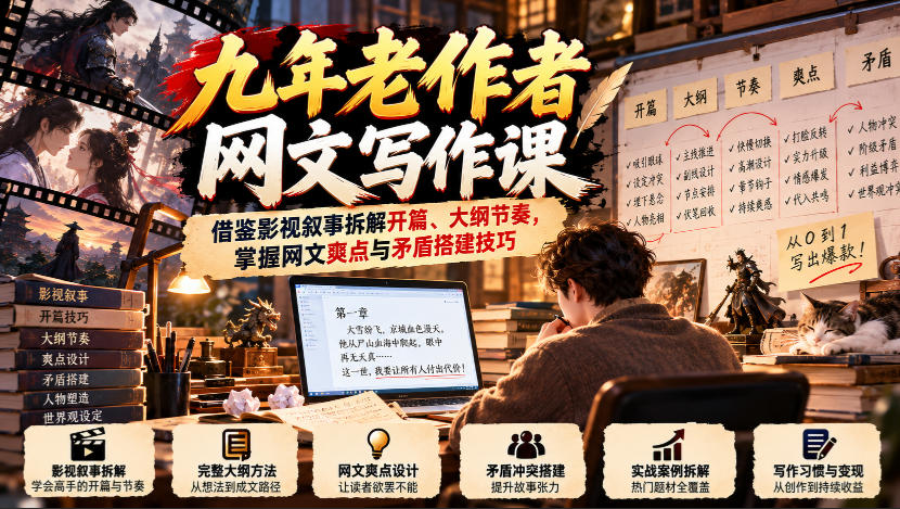 九年老作者网文写作课：借鉴影视叙事拆解开篇、大纲节奏，掌握网文爽点与矛盾搭建技巧-HEIXMI（中国站）