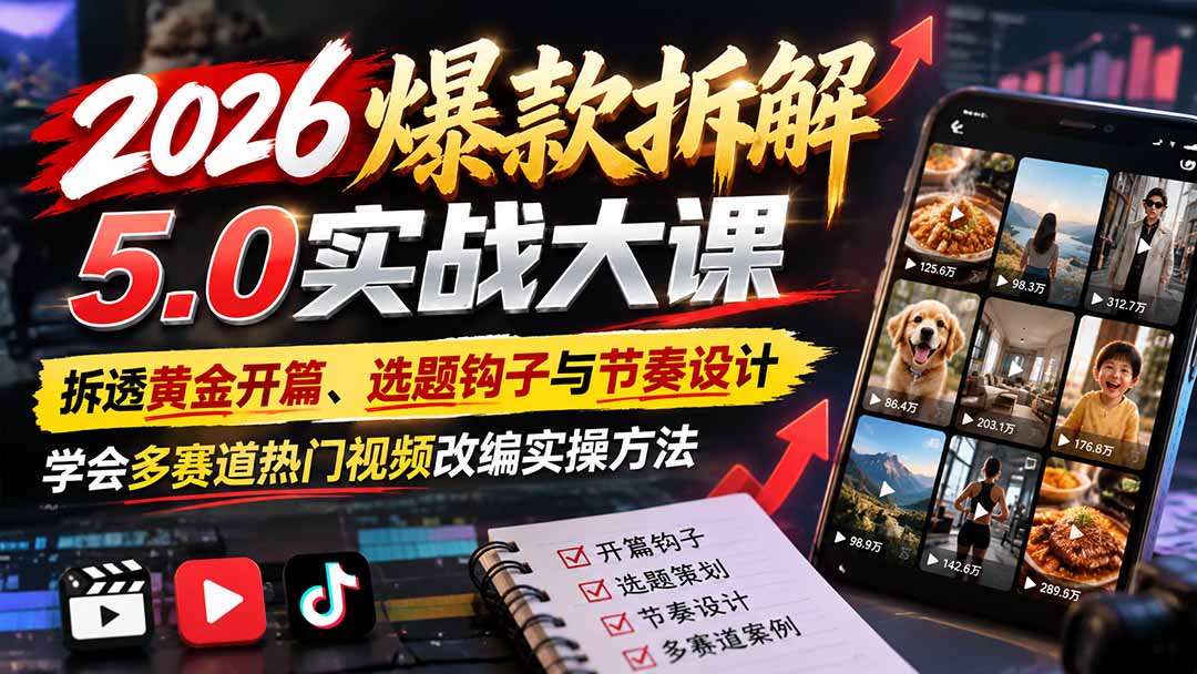 2026爆款拆解5.0实战大课：拆透黄金开篇、选题钩子与节奏设计，学会多赛道热门视频改编实操方法-HEIXMI（中国站）