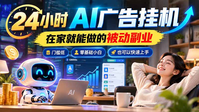 24小时AI广告挂机｜在家就能做的被动副业，门槛低，零基础小白也可以快速上手-HEIXMI（中国站）