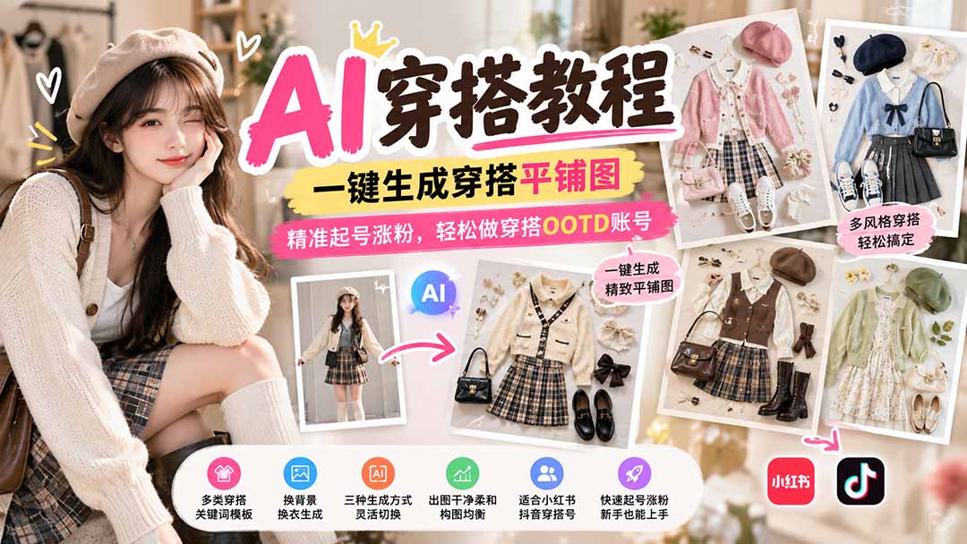 【无水印】AI穿搭教程｜一键生成穿搭平铺图，精准起号涨粉，轻松做穿搭OOTD账号-HEIXMI（中国站）