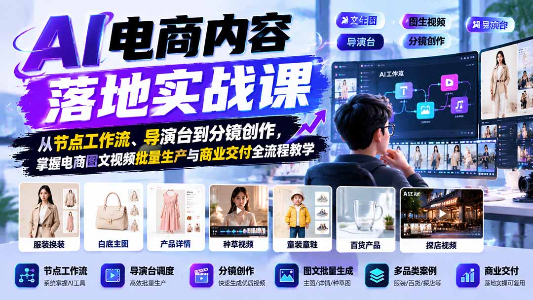 AI电商内容落地实战课：从节点工作流、导演台到分镜创作，掌握电商图文视频批量生产与商业交付全流程教学-HEIXMI（中国站）