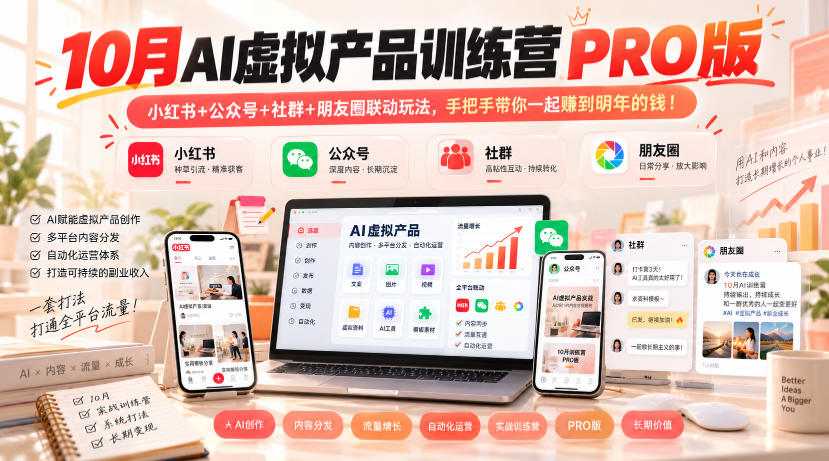 10月AI虚拟产品训练营PRO版,小红书+公众号+社群+朋友圈联动玩法,手把手带你一起赚到明年的钱!(更新1024)