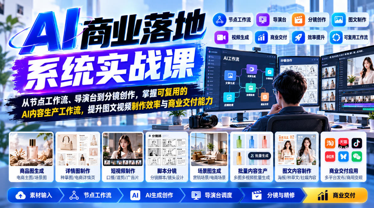 【无水印】AI商业落地系统实战课，从节点工作流、导演台到分镜创作，掌握可复用的AI内容生产工作流，提升图文视频制作效率与商业交付能力-HEIXMI（中国站）