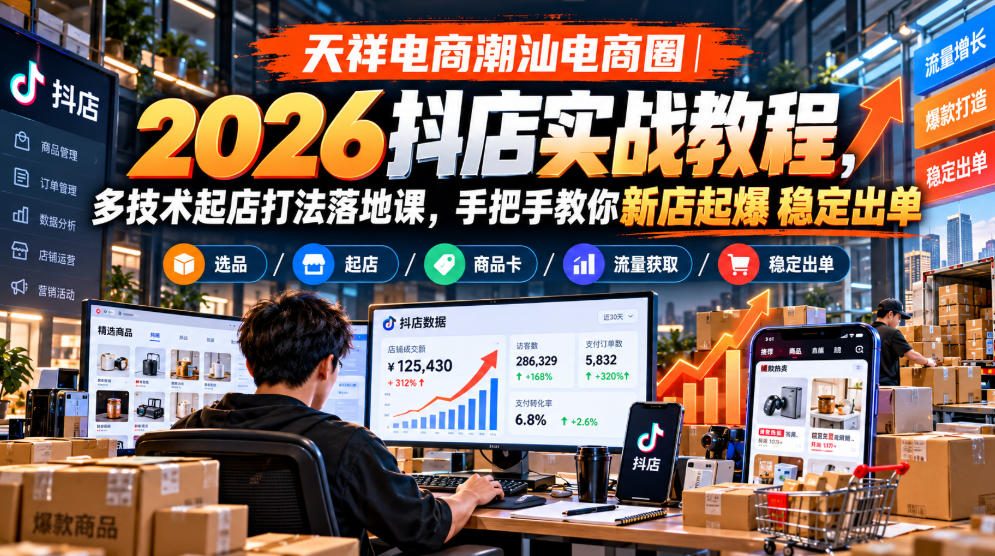 天祥电商潮汕电商圈｜2026抖店实战教程，多技术起店打法落地课，手把手教你新店起爆稳定出单-HEIXMI（中国站）